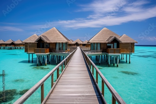 tropical water home villas resort on Maldives island at summer vacation, Maldives water bungalows, AI Generated