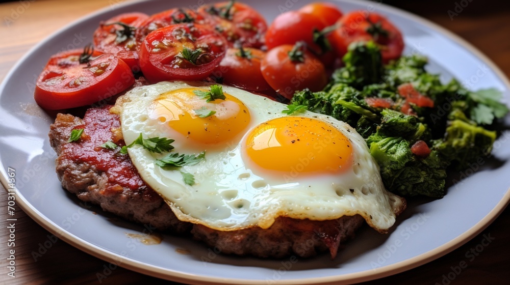 fried eggs with bacon and vegetables