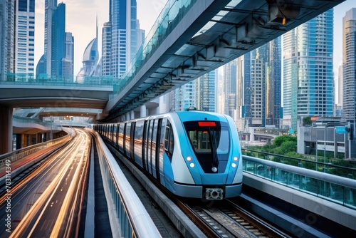 Modern high speed train with motion blur in Dubai, United Arab Emirates, Metro railway among glass skyscrapers in Dubai, Traffic on the street in Dubai, AI Generated