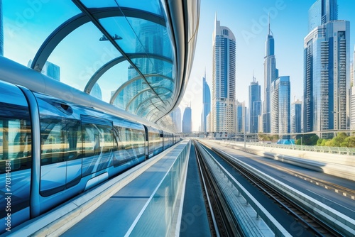 Dubai Metro as world's longest fully automated metro networ, Metro railway among glass skyscrapers in Dubai, Traffic on the street in Dubai, AI Generated