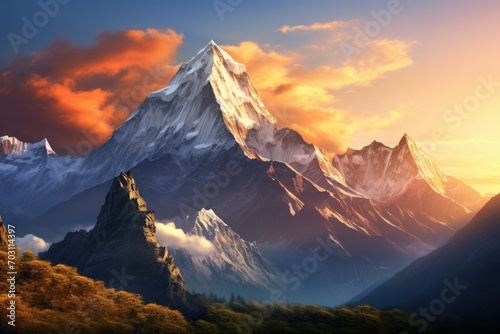 Beautiful mountain landscape with snow-capped peaks at sunset, Mountain landscape at sunset in the Himalayas, Nepal, Asia, AI Generated © Ifti Digital