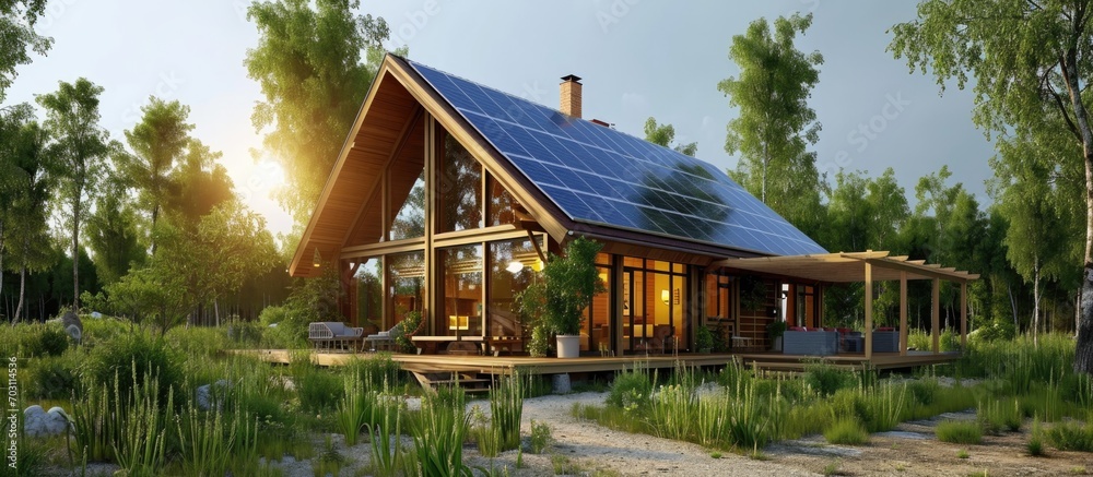 Rural house with solar panels for free energy.