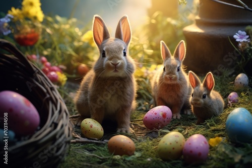 Easter bunnies with colorful eggs in a blooming garden.