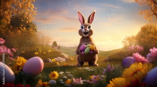 Easter bunny with a basket of colorful eggs in the garden at sunset. photo