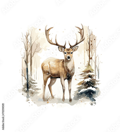 Deer watercolor Winter Forest Illustration ,Watercolor painting white background forest deer © shahadatarman 0