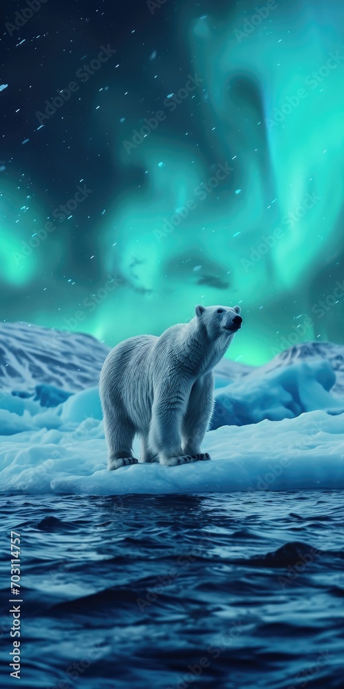 A Majestic Polar Bear standing on a Drifting Ice Floe in the Arctic - The Sky above is illuminated by the Northern Lights - Beautiful Polar Bear Background created with Generative AI Technology	