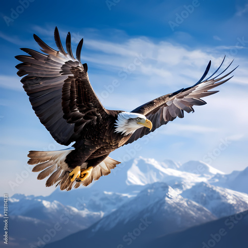 A majestic eagle soaring through a clear blue sky. © Cao