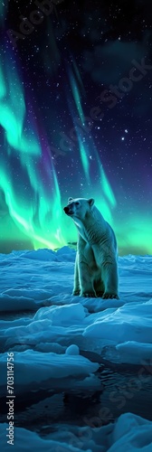 A Majestic Polar Bear standing on a Drifting Ice Floe in the Arctic - The Sky above is illuminated by the Northern Lights - Beautiful Polar Bear Background created with Generative AI Technology 