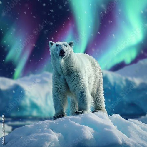 A Majestic Polar Bear standing on a Drifting Ice Floe in the Arctic - The Sky above is illuminated by the Northern Lights - Beautiful Polar Bear Background created with Generative AI Technology 