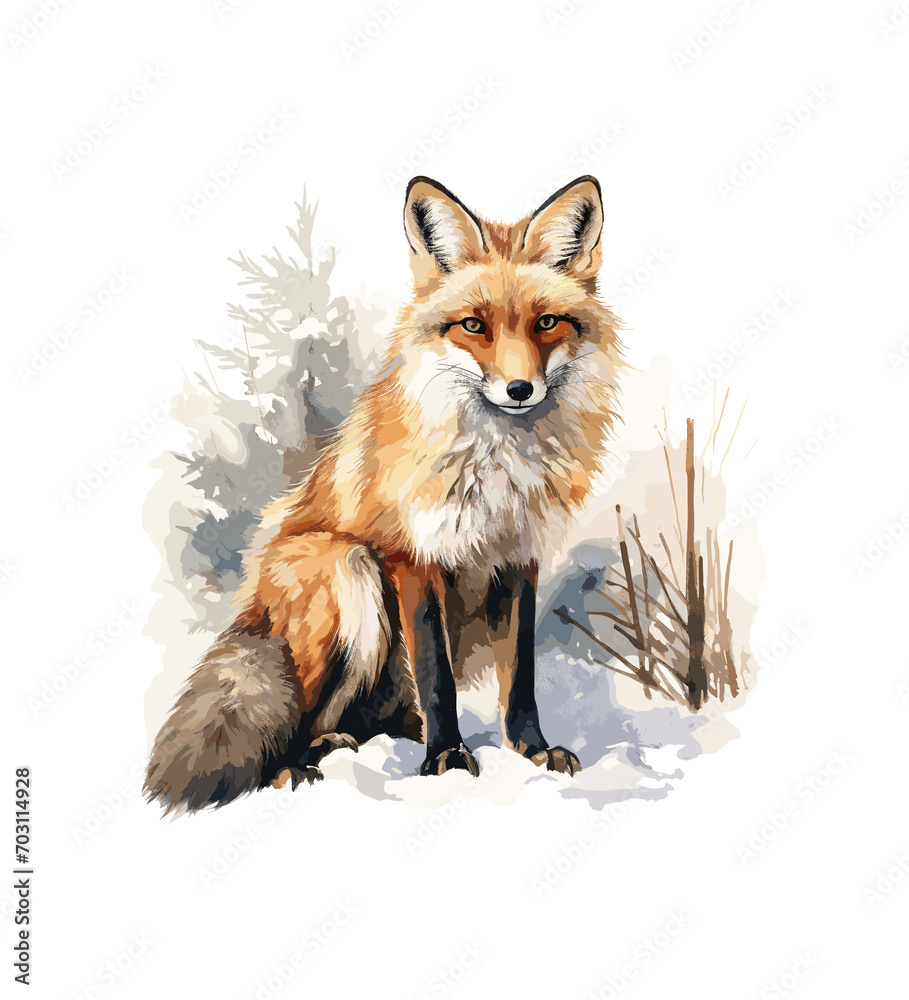 Fototapeta premium Fox watercolor Winter Forest Illustration 