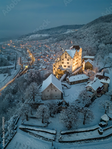 illuminated castle in  a beautiful winter landscape 