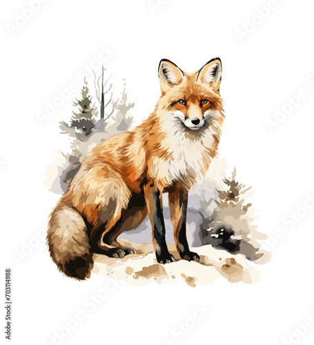 Fox watercolor Winter Forest Illustration 
