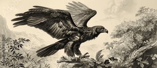 1878 illustration of Long Crested Eagle (Lophaetus occipitalis). Created by Kretschmer and Jahrmargt, published in Merveilles de la Nature. photo