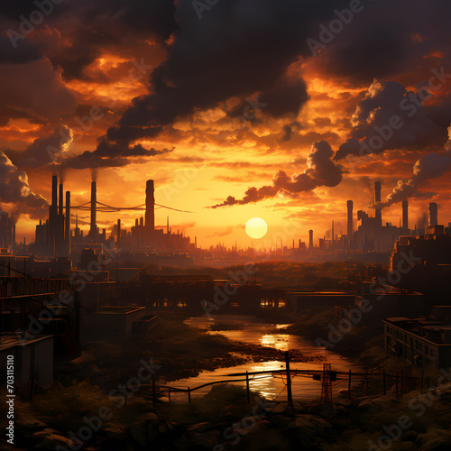 A dramatic sunset over an industrial cityscape.