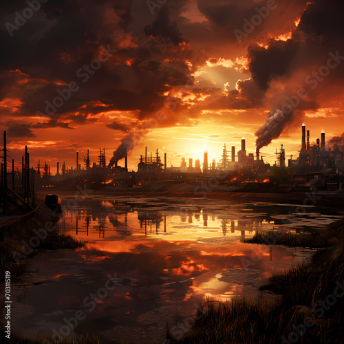 A dramatic sunset over an industrial cityscape.