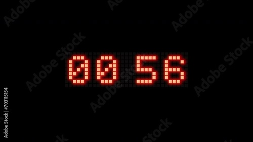One minute digital clock countdown timer of glowing Disco digits on black background. 60 Seconds Stopwatch. LCD display or CRT monitor Screen.