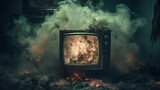 An Old Television Surrounded by Smoke in a Dark Room