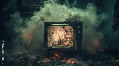 An Old Television Surrounded by Smoke in a Dark Room photo