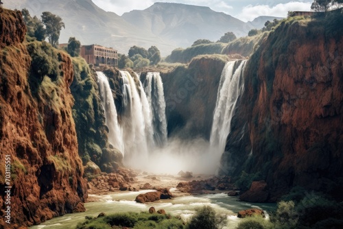 Scenic view of Seljalandsfoss waterfall in South Africa, Ouzoud waterfalls, Grand Atlas in Morocco, AI Generated photo