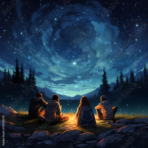 A group of friends camping under a starry night sky.