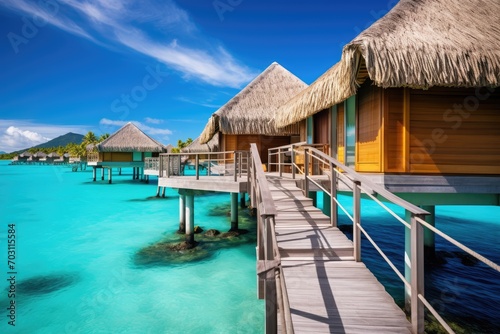 Tropical beach with water bungalows at Maldives island, Overwater bungalows with steps into the green lagoon, AI Generated © Ifti Digital