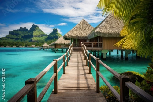 tropical beach with water bungalows and coconut palm tree at summer, Overwater bungalows with steps into the green lagoon, AI Generated