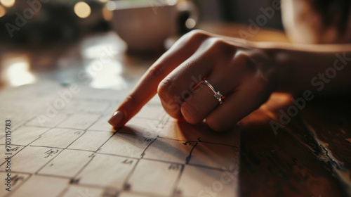 A woman's hand points with her finger to a date on a calendar photo