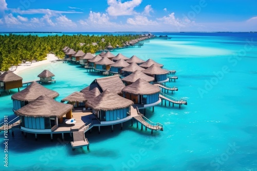 Beautiful tropical Maldives resort hotel and island with beach and sea, Perfect aerial landscape, luxury tropical resort or hotel with water villas and beautiful beach scenery, AI Generated