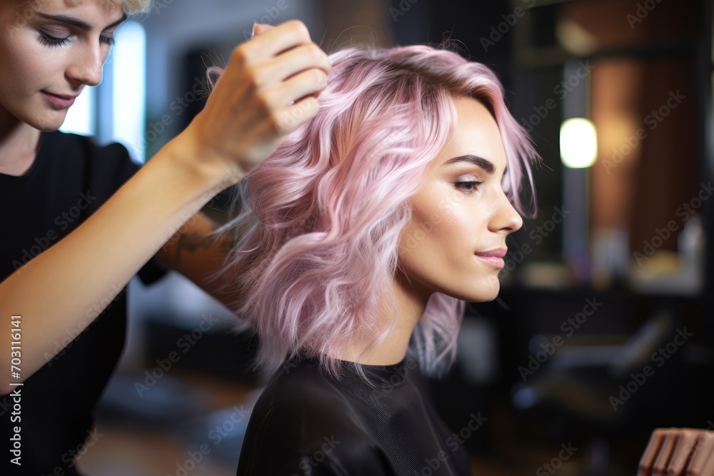 Fototapeta premium Cropped image of hairdresser making hairstyle for young woman in beauty salon, Professional hairdresser creating a hairstyle for women in a beauty salon, captured in a close-up shot, AI Generated