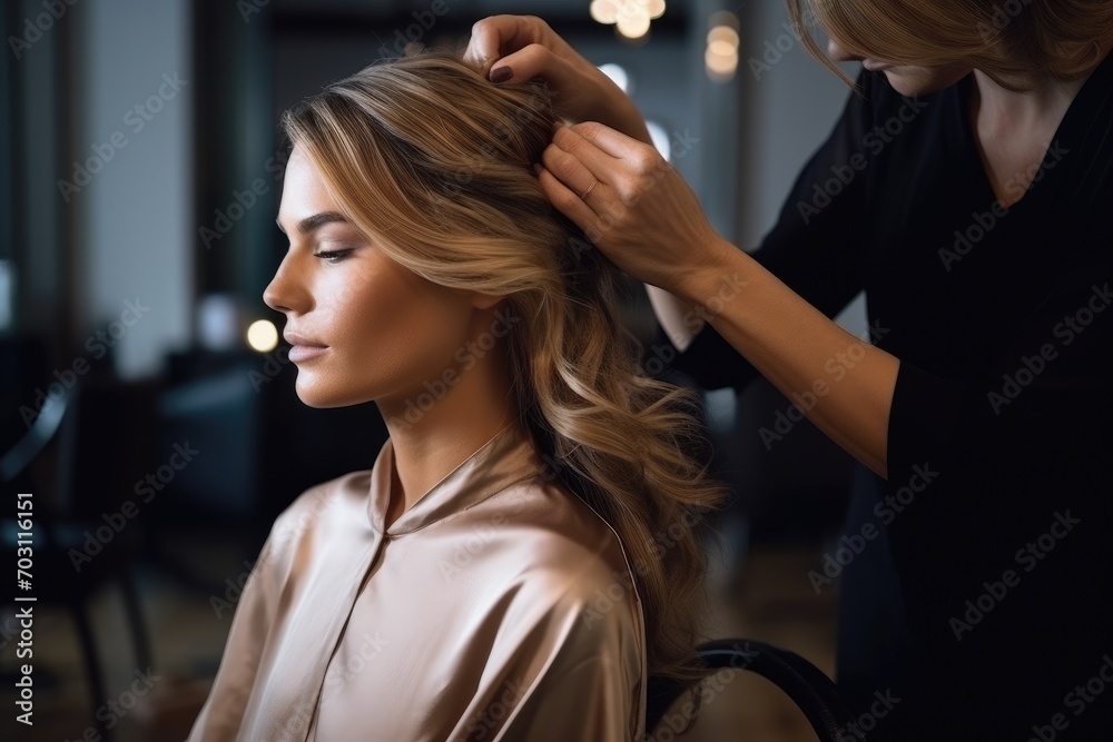 Fototapeta premium Professional hairdresser doing hairstyle for young woman in beauty salon, Professional hairdresser creating a hairstyle for women in a beauty salon, captured in a close-up shot, AI Generated