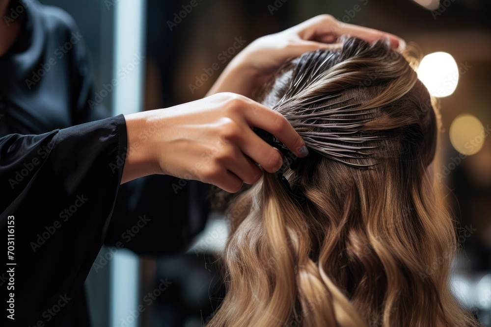 Naklejka premium cropped shot of hairdresser cutting hair of woman in beauty salon, Professional hairdresser creating a hairstyle for women in a beauty salon, captured in a close-up shot, AI Generated