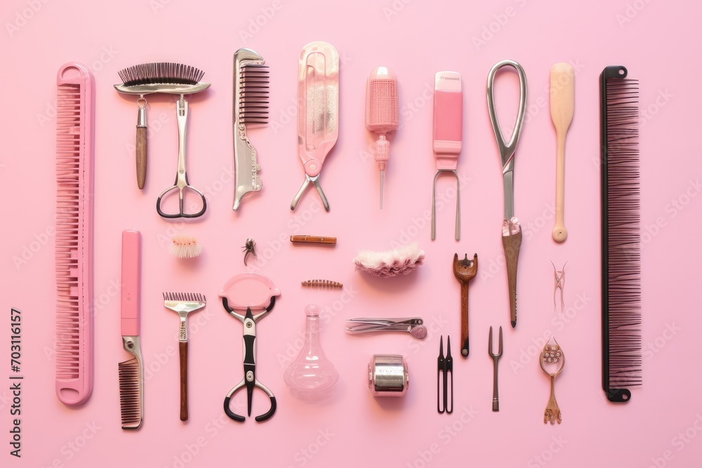 Professional hairdresser's tools on pink background, top view, Professional hairdresser tools against a pink background, viewed from the top, AI Generated Professional hairdresser's tools on pink background, top view, Professional hairdresser tools against a pink background, viewed from the top, AI Generated