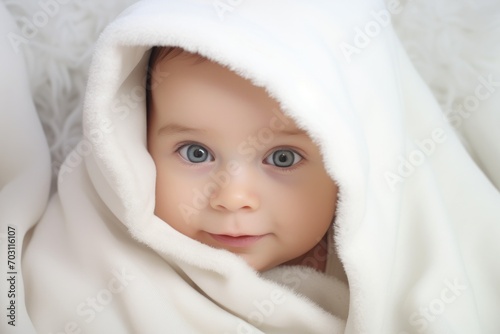 Portrait of a cute smiling baby girl in a white blanket, Portrait of a cute baby under a white blanket on a light background, AI Generated