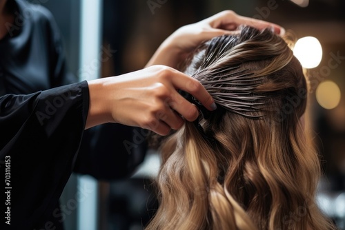 cropped shot of hairdresser cutting hair of woman in beauty salon, Professional hairdresser creating a hairstyle for women in a beauty salon, captured in a close-up shot, AI Generated