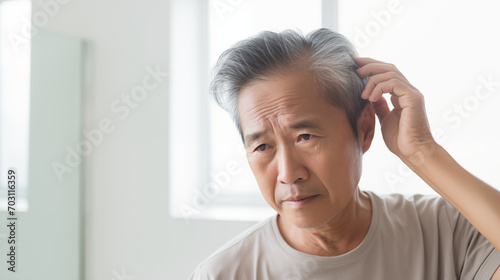 薄毛や白髪に悩む中年男性 Middle aged Asian man worries about hair loss and gray hair photo