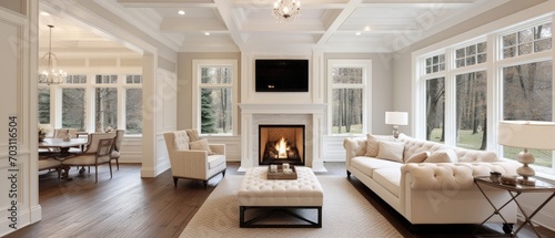 Beautiful living room interior with hardwood floors, coffered ceiling, and roaring fire in fireplace, in new luxury home photo