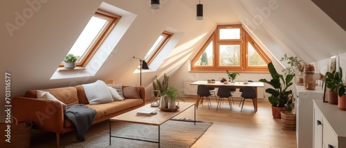 Beautiful small living room interior and loft in new home with sloping roof