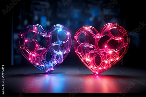 2 neon hearts for background symbol of love