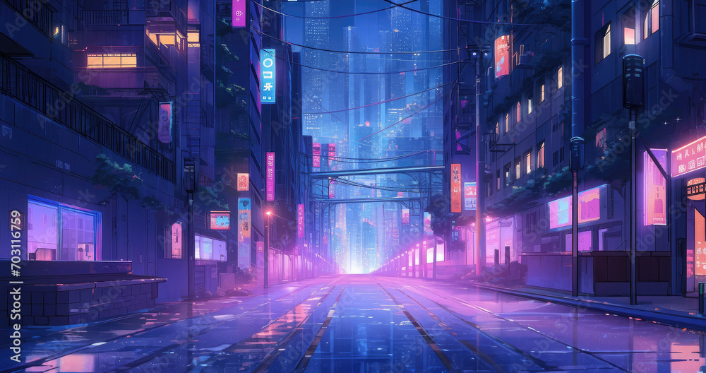 the night scene of street on an artificial neon modern city.