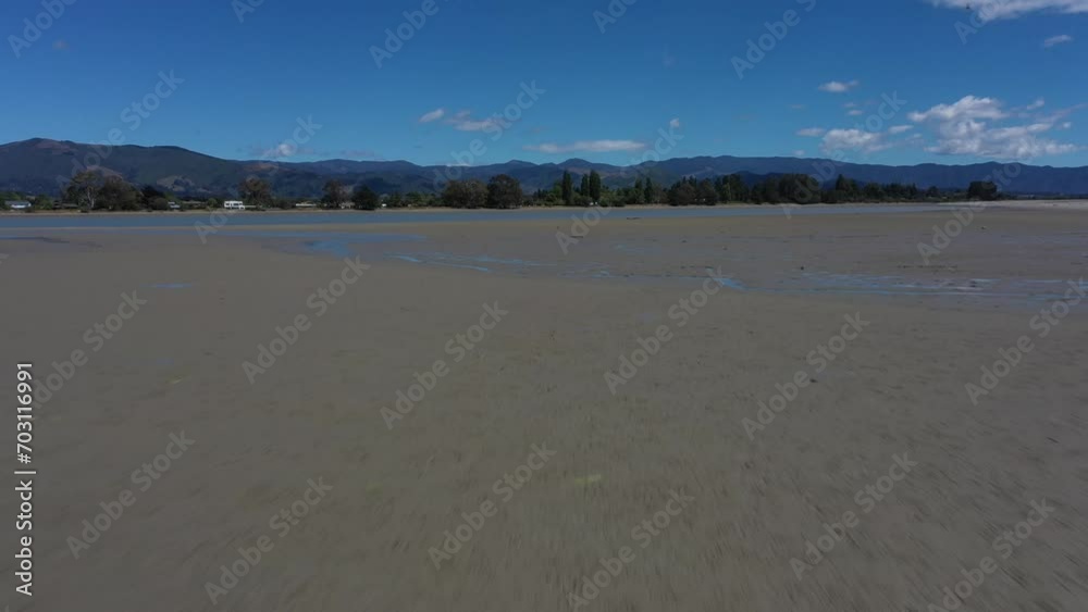 Drone flyover mudflats towards shore lined with pine trees on a sunny day with blues skies Drone flyover mudflats towards shore lined with pine trees on a sunny day with blues skies