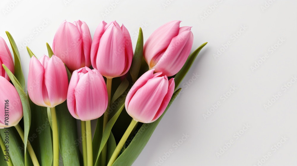 A bunch of soft pink tulips stands upright with lush green leaves on a clean white background, signaling the arrival of spring. A bunch of soft pink tulips stands upright with lush green leaves on a clean white background, signaling the arrival of spring.
