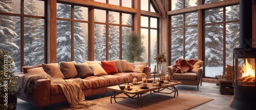 cozy warm home interior of a chic country chalet with a huge panoramic window overlooking the winter forest. open plan, wood decoration, warm colors and a family hearth © kashif 2158