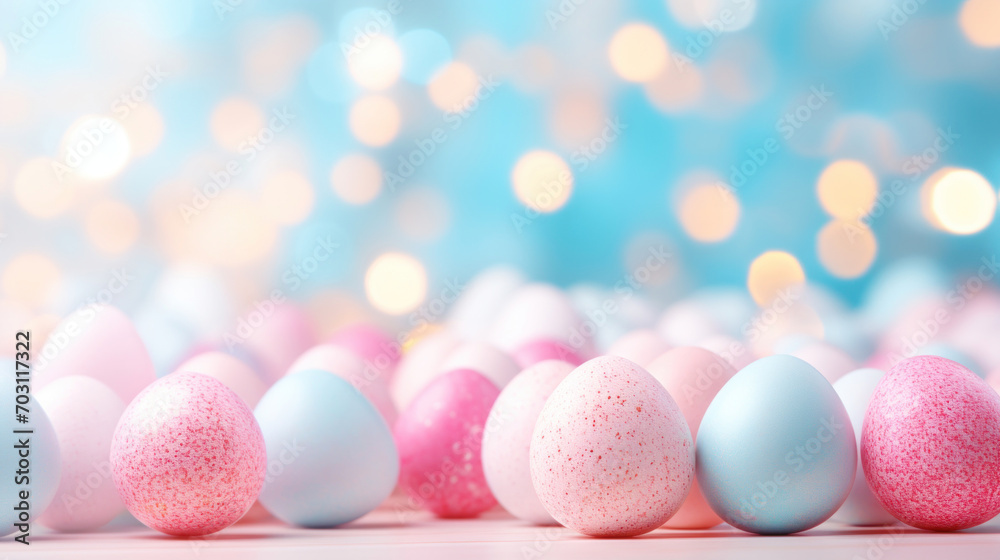 A festive array of speckled Easter eggs in soft pastel shades sits on a surface with a dreamy blue bokeh background. A festive array of speckled Easter eggs in soft pastel shades sits on a surface with a dreamy blue bokeh background.