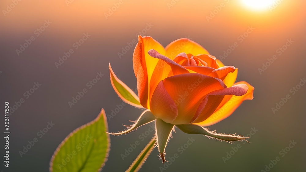 the essence of tranquility in a photograph of a single, sun-kissed rosebud against a plain, monochromatic background.