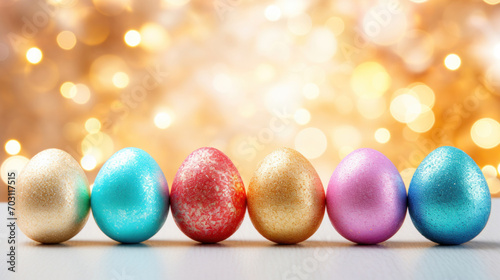 A row of glittery Easter eggs in various pastel hues aligned in front of a golden bokeh light background.