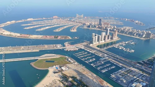 Aerial view of The Palm Islands consist of three artificial islands: Palm Jumeirah, Deira Islands, and Palm Jebel Ali, on the coast of Dubai.