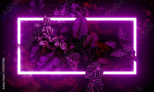 dark pink neon light and tropical leaves background and rectangle frame with horizontal banner.