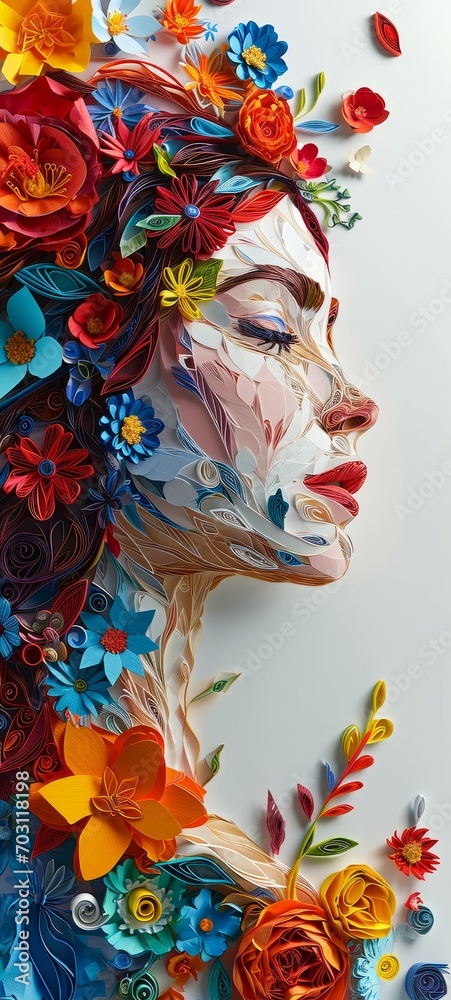 Blooming Essence: Woman with Colourful Floral Arrangement. Colourful floral arrangement on a woman's side profile.