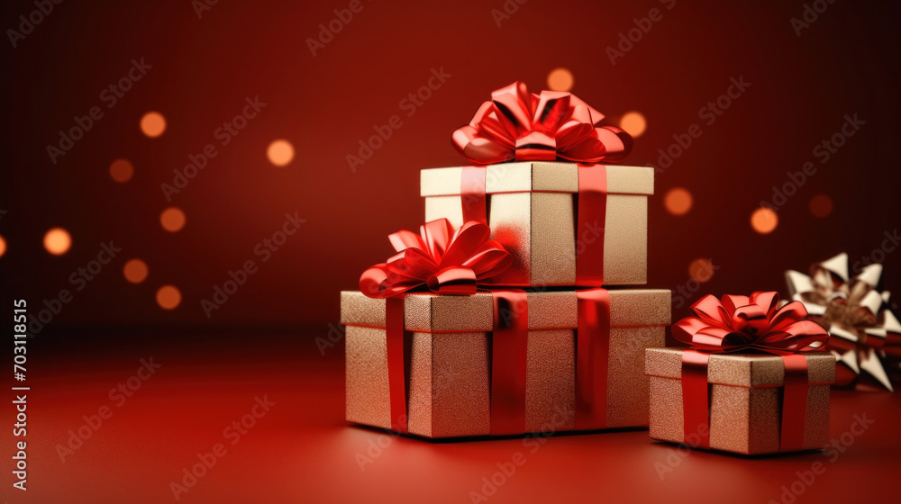 Elegant gift boxes adorned with sparkling red ribbons on a red background with soft bokeh lights, perfect for festive occasions. Elegant gift boxes adorned with sparkling red ribbons on a red background with soft bokeh lights, perfect for festive occasions.