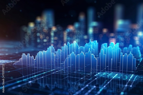 Abstract digital landscape of financial growth, blending city contours with glowing market charts, embodying modern economic dynamics. Visualization of stock market analytics